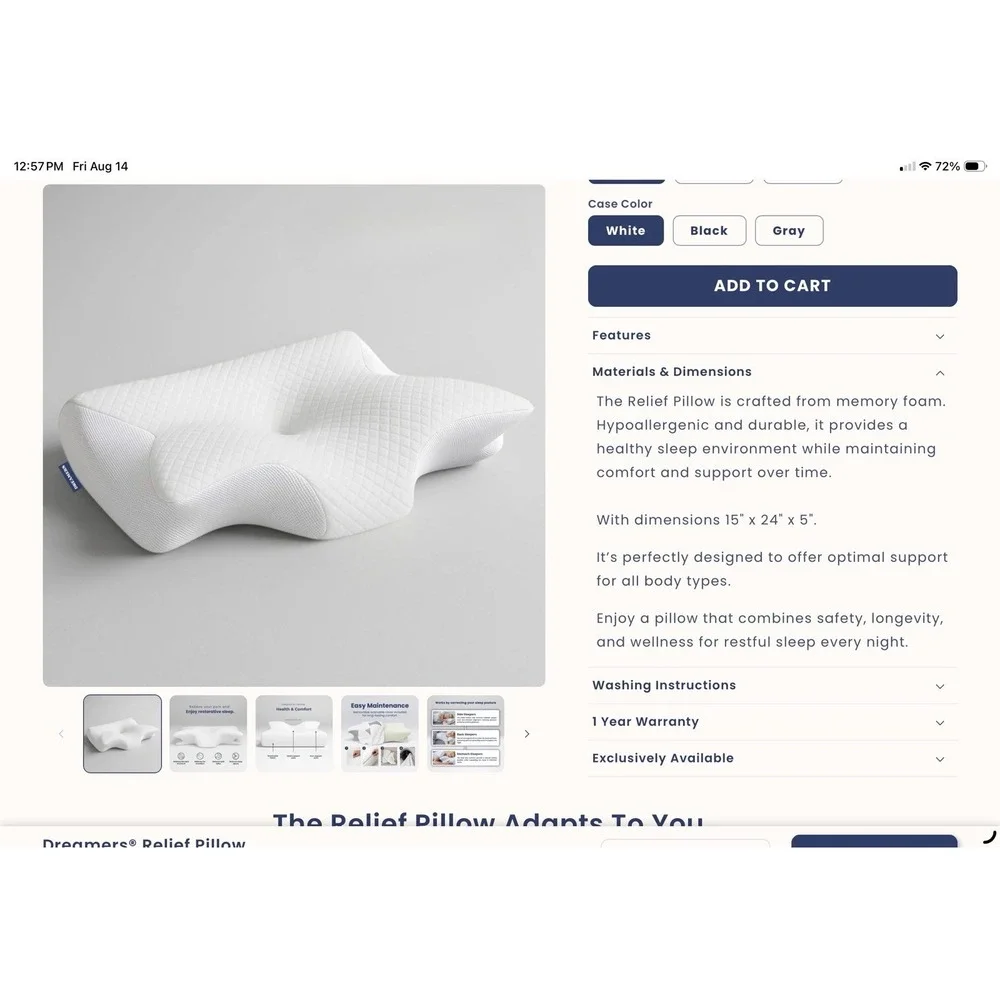 Dreamers Relief Pillow Ergonomic Cervical Neck Pillow Contoured Memory Foam NEW